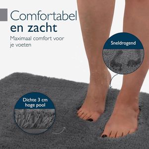 Antislip Badmat 100x60 cm - Hoogpolig Tapijt in Shaggy Look voor Vloerverwarming - Zachte Microvezel Badmat voor Douche Badkuip en WC - Antraciet