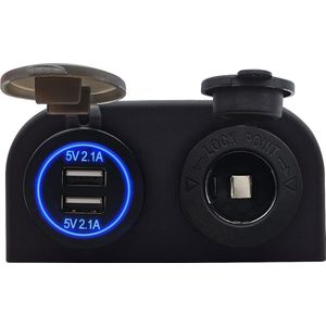ProRide 12V USB Autolader 2 Poorten Opbouw - 5V/2.1A - met 12/24V Sigaretten stopcontact - Blauw