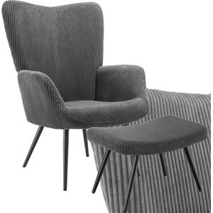 tectake® Oorfauteuil met hocker in Scandinavische Stijl - Corduroy - Stoel voor woonkamer, slaapkamer - Loungefauteuil - Draagvermogen tot 150 kg