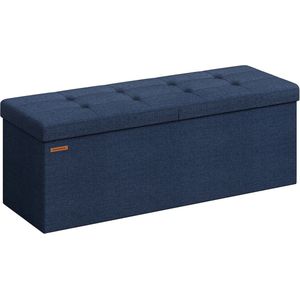 Midnight Blue Zitkist - Opbergpoef - Gestoffeerde bank - MDF-constructie - Imitatielinnen - Schuimvulling - 38 cm x 110 cm x 38 cm