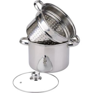 BAUMALU Pastakoker 20 cm - 5 liter - Drievoudige bodemrooster - Metalen handgrepen - Glazen deksel - Inductie geschikt