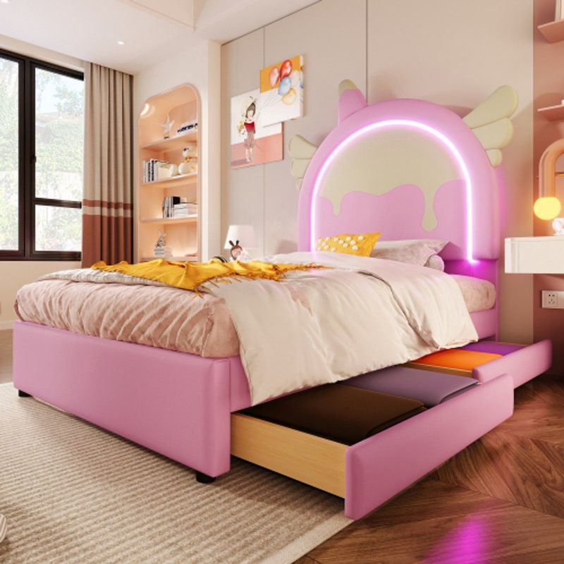 Gestoffeerd bed, 90 x 200 cm, zonder matras, met lichtlijst, bed met 2 laden, eenhoornvormig, PU, roze