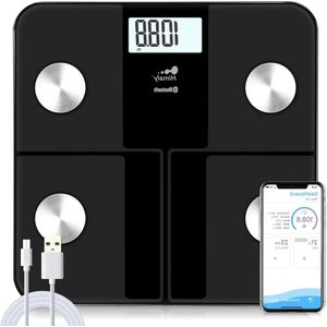 Slimme Lichaamsvetweegschaal met LCD-Scherm en USB Opladen - Meting van Gewicht, BMI, Lichaamswater en Meer - Tot 180 KG