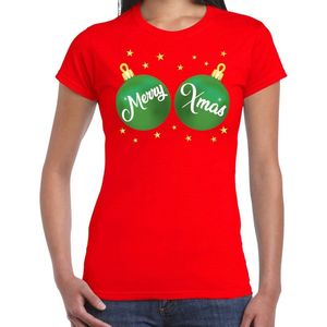 Fout kerst t-shirt rood met groene merry Xmas ballen borsten voor dames - kerstkleding / christmas outfit XXL