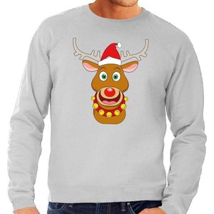 Foute kersttrui / sweater met Rudolf het rendier met rode kerstmuts grijs voor heren - Kersttruien M