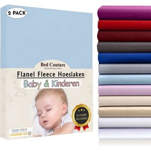 Bed Couture  Flanel Fleece Kinder Hoeslaken - 100% Katoen Extra zacht en Warm - Ledikant - 70x120  Cm - Hemelblauw