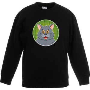 Kinder sweater zwart met vrolijke grijze kat print - grijze katten trui - kinderkleding / kleding 152/164