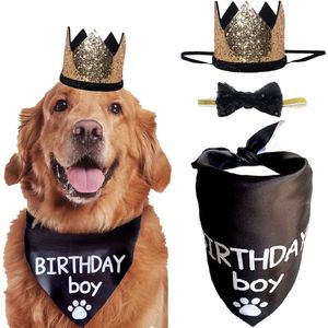 3-delige honden verjaardags set met bandana, hoedje en strik zwart met goud - hond - bandana - hoed - strik - verjaardag - huisdier