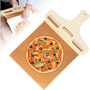 Schuifbare pizzaschep, 54 x 37 cm, oprolbaar, verschuifbare pizzaschep van hout, pizzaschuiver, wielen met anti-aanbaklaag en handvat, extra grote pizzaschuiver
