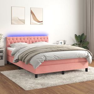 The Living Store Boxspring Bed - Fluwelen stof - Verstelbaar hoofdbord - Kleurrijke LED-verlichting - Pocketvering matras - Huidvriendelijk topmatras - 193 x 144 cm - Roze