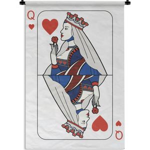 Wandkleed Speelkaarten - Rood met blauwe illustratie van een harten koningin Wandkleed katoen 60x90 cm - Wandtapijt met foto