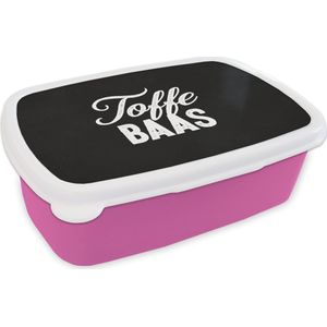 Broodtrommel Roze - Lunchbox - Brooddoos - 'Toffe baas' - Spreuken - Quotes - Baan - 18x12x6 cm - Kinderen - Meisje