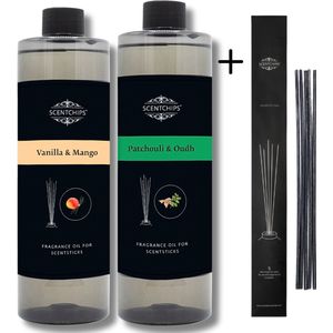 Navulling Vanille Mango + Patchouli Oudh - Geurstokjes Navulling Set van 2 + 5 Geurstokjes - Geurverspreider - Luchtverfrisser - Huisparfum - 400ml x 2