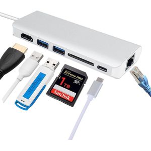 USB C-hub, 6-in-1 Type C-adapter met 1 Gbps RJ45 Ethernet-poort, 4K HDMI, 2 USB 3.0, SD - kaartlezer, 60 W PD-oplaadpoort voor MacBook / Pro / Air en USB C Windows-laptops