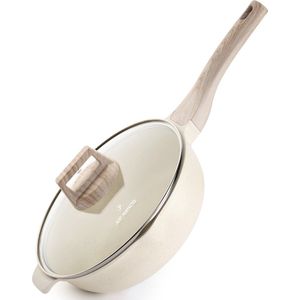 Just Perfecto Wokpan Met Deksel - 24 Cm - Pan Met Anti-Aanbaklaag - Diepe Braadpan Voor Alle Warmtebronnen, Inclusief Inductie - PFOA PFAS Vrij - Softtouch Koudgreep - Wokpan Inductie - Marmeren Coating - Wokpan - Beige