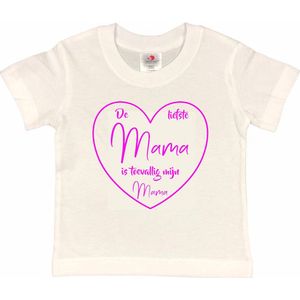 T-shirt Kinderen ""De liefste mama is toevallig mijn mama"" Moederdag | korte mouw | Wit/Fluor pink | maat 110/116