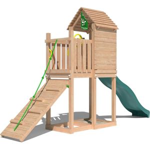 Jungle Gym speeltoestel van douglas hout - Jungle Pod met donkergroene glijbaan - Tuin speeltoestel voor buiten met zandbak en klimhelling