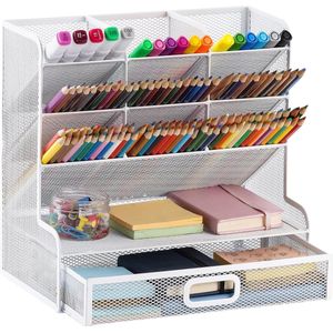 Mesh Bureau Organizer Multifunctionele Penhouder Bureau Opbergrek voor School Thuis Kantoor Kunstbenodigdheden (Mesh pennenhouder wit met lade)