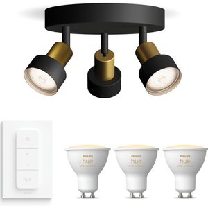 Philips Hue Conduit Opbouwspot (Zwart/Goud) - Warm tot Koelwit Licht - Incl. Hue Dimmer Switch - Plafondspot met 3 Lichtpunten - GU10 - Hue White Ambiance
