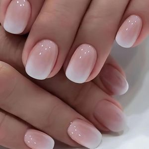 Trankielo 24 pieces press on nails short French false nails pink-white colour gradient short square shiny nails long lasting nails strengthener & protector .