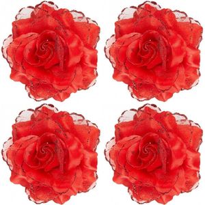 4x stuks rode roos haarbloem met glitters - Hawaii thema haarbloemen