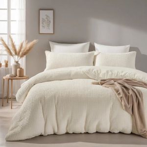 Superzacht teddystof dekbedovertrek ruiten creme - 200x200/220 (tweepersoons) - heerlijk slapen - cosy look - dikke kwaliteit - met handige drukknopen
