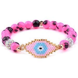 Armband Dames - Kralen en Oog - Elastisch Bandje - Roze