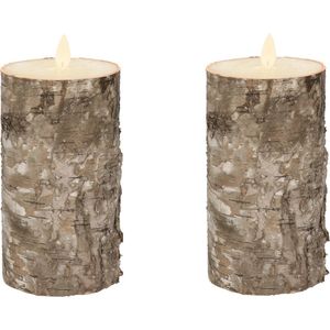 2x Bruine berkenhout kleur Led kaars / stompkaars 15 cm - Luxe kaarsen op batterijen met bewegende vlam
