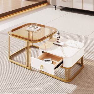 Sweiko 2-delige Set Salontafel, Hoogglans marmer look en Theebruin glazen blad, Gouden accenten, Bijzettafel met lades