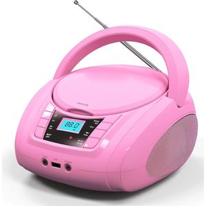 Draagbare CD Speler Boombox Stereo voor Kinderen - Ondersteunt Bluetooth, FM Radio, AUX Ingang, Hoofdtelefoon Uitgang, DC/AC Besturing (Roze)