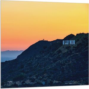 WallClassics - Vlag - Hollywood Sign met Zonsondergang - 100x100 cm Foto op Polyester Vlag