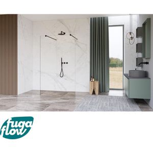 FugaFlow Eccelente Vetro Vrijstaande inloopdouche badkamer - 140x200cm - Helder - antikalk - 8mm veiligheidsglas - met wandarmen - Zwart mat -