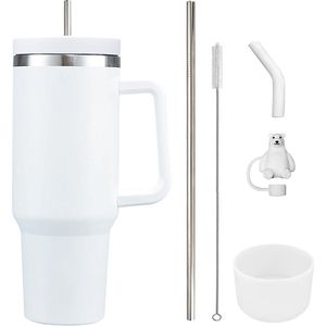 1200 ml 40oz koffiebeker om mee te nemen, dubbelwandige roestvrijstalen vacuüm-isolatiebeker met handvat en rietje, autobeker, thermobeker, koffiebeker voor warme en koude dranken, 01 wit