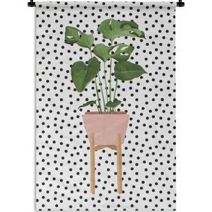 Wandkleed PlantenKerst illustraties - Illustratie van een Monstera plant op een witte achtergrond met zwarte stippen Wandkleed katoen 60x90 cm - Wandtapijt met foto
