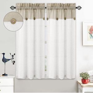 Goodivery ® Stijlvolle Set van 2 Korte Vitrage Gordijnen met Decoratieve Knoopjes en Patchwork Design