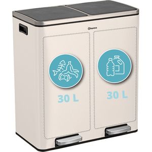 Afvalscheidingsprullenbak 2 vakken Crème Wit – 60 L (2x30 Liter) pedaalemmer Homra QUICKX – Design Duo Afvalemmer RVS - Afval Scheiden - Recycle Afvalbak - Hygiënisch Pedaal - Dubbele Vuilnisbak - Keuken Vuilbak - Kantoor Prullenbak