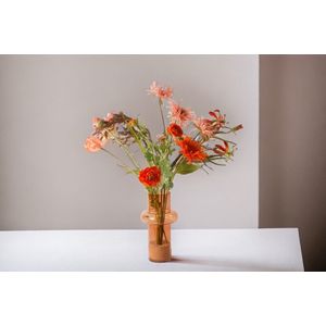 WinQ -Veldboeket - Zijden bloemen compleet in Roze/ Rood/ Oranje - Inclusief Glasvaas- Plukboeket van kunstbloemen – Veldboeket compleet met glasvaas