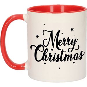 Kerstmok rood Merry Christmas met sterren - 300 ml - keramiek - koffiemok / theebeker - Kerstmis - kerstcadeau / kerstpakket