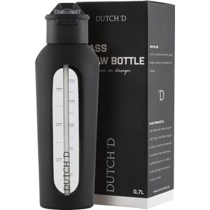 Dutch'D ® - 0,7 Liter - Glazen Waterfles met rietje - Drinkfles - Zwart - Glas - BPA Vrij - Rietje - Lek Vrij - Borosilicaatglas - Duurzaam