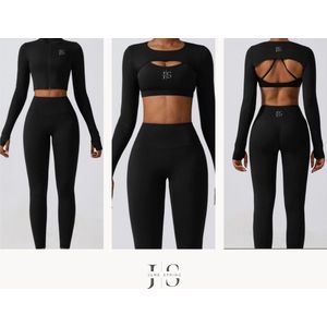 June Spring - Complete Sportset - Hoogwaardige kwaliteit Lycra - Vocht afvoerend - Flexibel - Comfortabel - Billift - Anti-cellulite - Kleur Zwart - Bolero - Vest - Legging - Top - Maat L