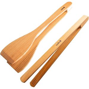 Barbecuetang en grillspatel set | kersenhout | houten BBQ gereedschap | 30 cm