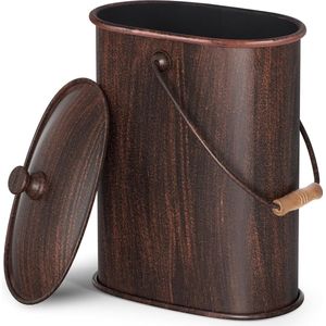 Asemmer met deksel, buiten- en binnenemmer, houtskoolemmer voor open haard, kleine vuuremmer, metalen emmer voor grill, houtskoolemmer, essentieel gereedschap voor open haard, houtkachel, bruin