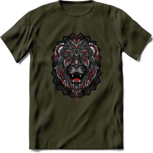 Leeuw - Dieren Mandala T-Shirt | Rood | Grappig Verjaardag Zentangle Dierenkop Cadeau Shirt | Dames - Heren - Unisex | Wildlife Tshirt Kleding Kado | - Leger Groen - XXL