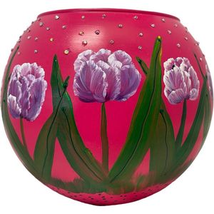 Handbeschilderde design bol vaas roze met paarse tulpen