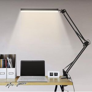 Mrs. Jones Bureaulamp LED Klembaar 1100LM Draaiarm Architectenlamp Bureau Tafellamp met 3 Kleuren en 10 Helderheidsniveaus Dimbaar Oogbescherming Klemlamp Geheugenfunctie Inclusief 5V/2A Stekker - Verstelbare Arm Eye-Care Lamp .