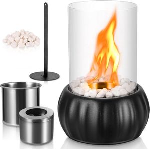 Verstelbare vlam bio-ethanol tafelhaard met veiligheidsglas - Tafelvuurset incl. natuurstenen (500 g) - voor binnen en buiten - balkondecoratie terras - Thanksgiving restaurants Tafelhaard