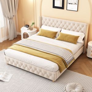 Gestoffeerd bed 160*200cm met lattenbodem en hoofdbord, knoopbekleding, klinknagelbekleding, houten poten, fluweel, lichtbeige