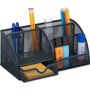 Relaxdays bureau organizer metaal - grote pennenbak met lade - desk organizer antraciet