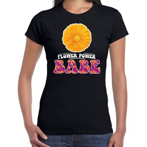 Toppers Jaren 60 Flower Power Babe verkleed shirt zwart met gele bloem dames - Sixties/jaren 60 kleding XL