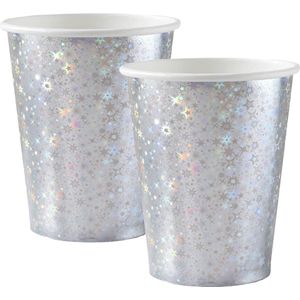 Santex feest wegwerp bekertjes - glitter - 20x stuks - 270 ml - zilver - karton